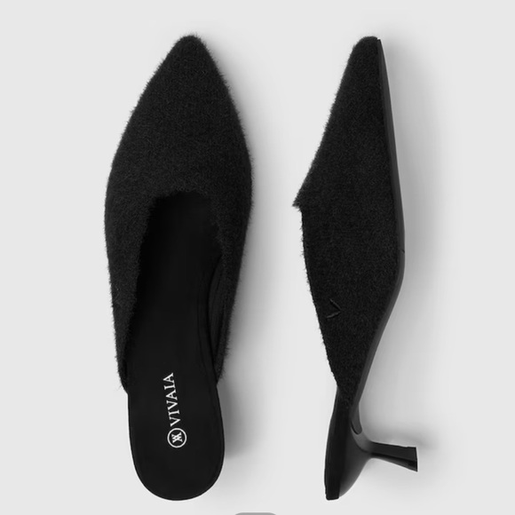 VIVAIA Pointed Toe Black Fuzzy Heeled Mules - Picture 2 of 9